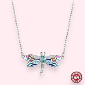 NWT Dainty Dragonfly Pendant Necklace S925 Sterling Silver Dainty CZ Enamel